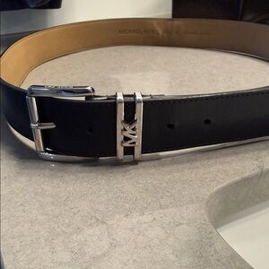Michael Kors Black Leather Belt with Silver MK Accent